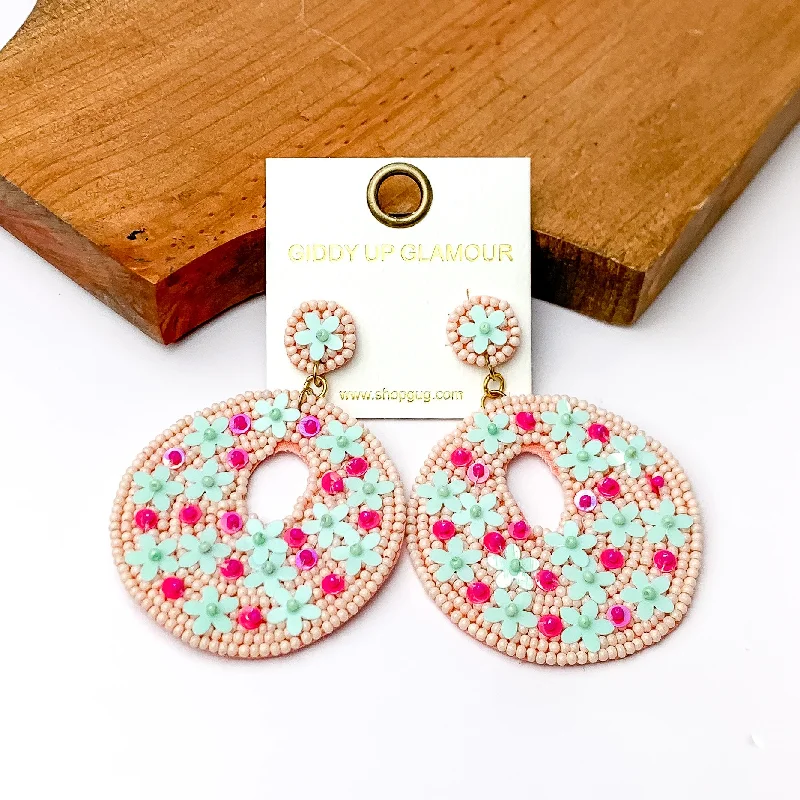 Small Gold Hoop Earrings-Baby Pink Beaded Circular Drop Earrings with Floral Designs