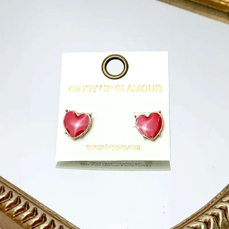 Large Drop Earrings-Gold Tone Heart Stud Earrings in Red