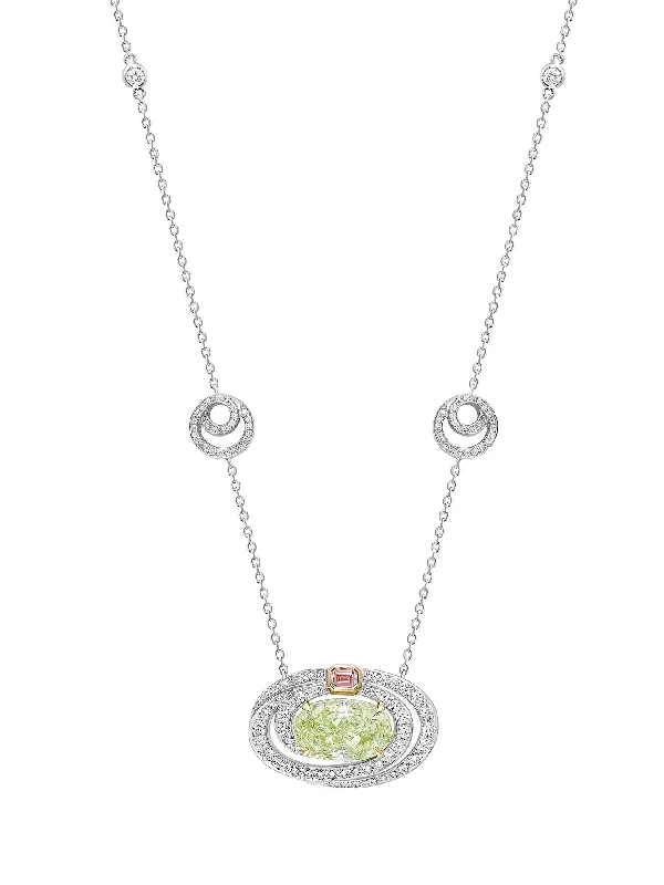 Statement Necklace with Pearls-Swirl Design Platinum Oval Yellow Diamond Pendant