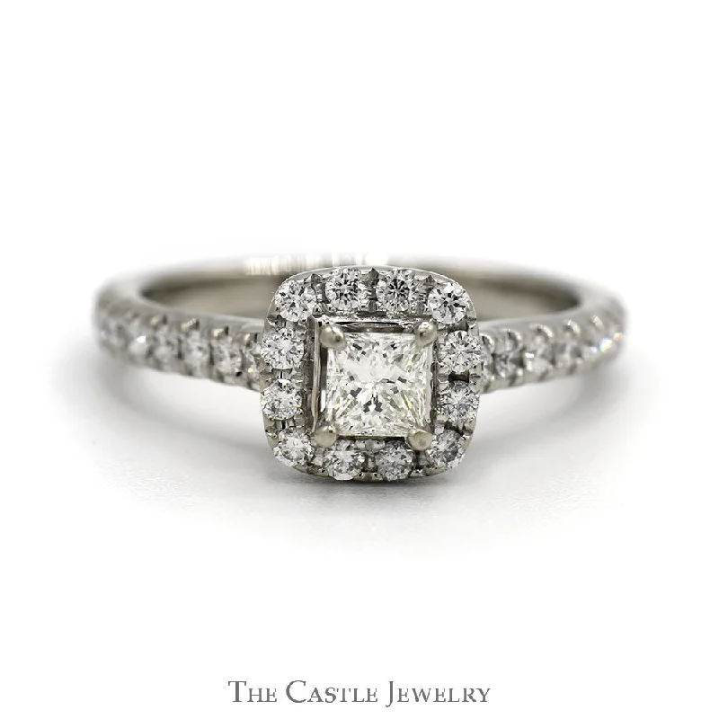 Large Engagement Ring-Princess Cut Diamond Engagement Ring with Diamond Halo and Accented Sides in 14k White Gold