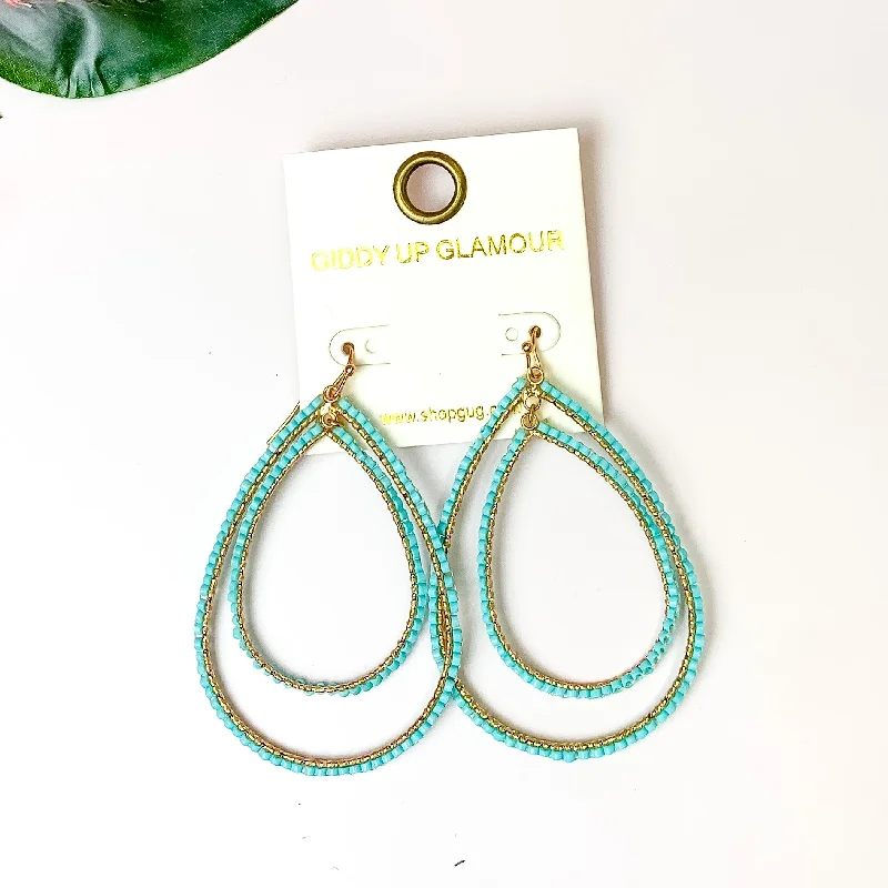 Beaded Dangle Earrings-Double Open Teardrop Gold Tone Earrings with Beaded Outline in Turquoise Blue