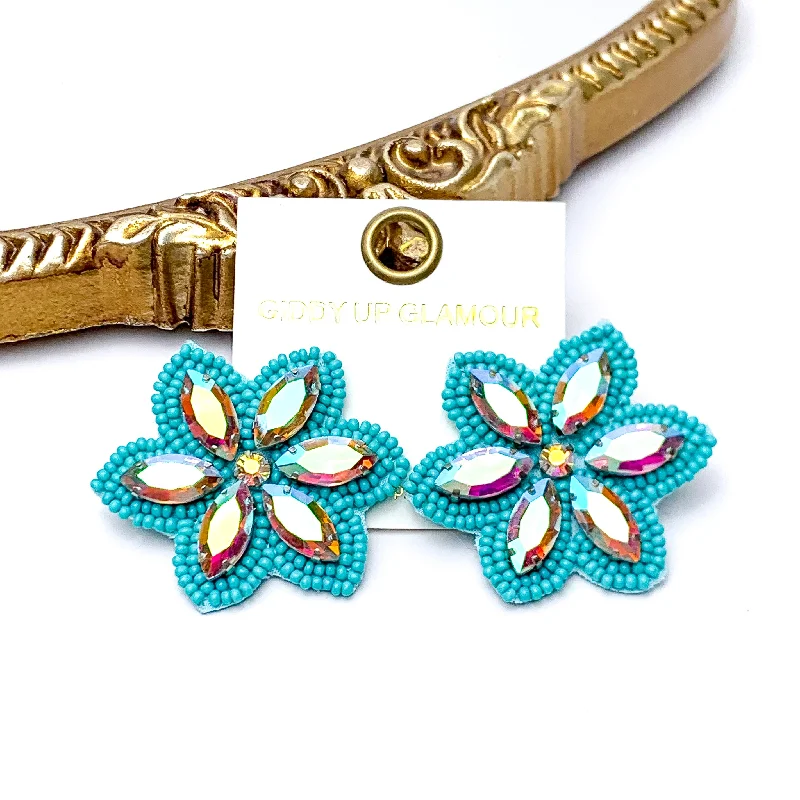 Hoop Earrings with Gemstones-Prismatic Petals Seed Bead Flower Stud Earrings with AB stones in Turquoise