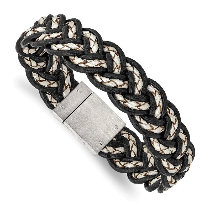 Gold Bangle Bracelet-Stainless Steel Brushed Black and Cream Woven Leather Bracelet