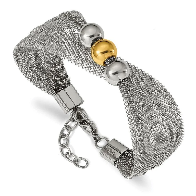 Sterling Silver Bracelet for Women-Stainless Steel Polished Yellow IP-plated Bead Mesh 7in w/1in ext. Bracelet