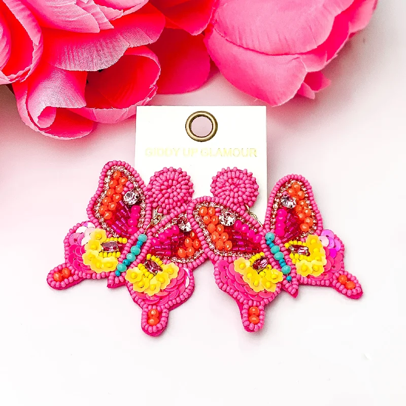 Gorgeous Stud Earrings-Beaded Summertime Butterfly Earrings in Pink, Orange, and Yellow