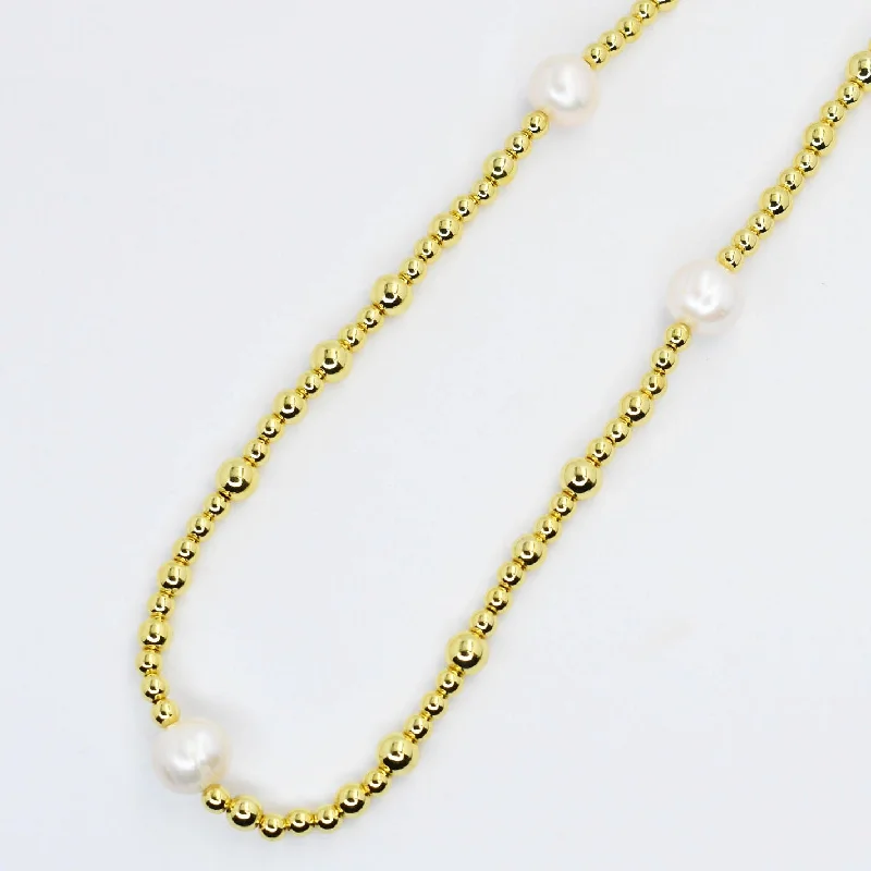 Silver Chain Necklace-Gold Beaded Necklace With 3 Pearls N59