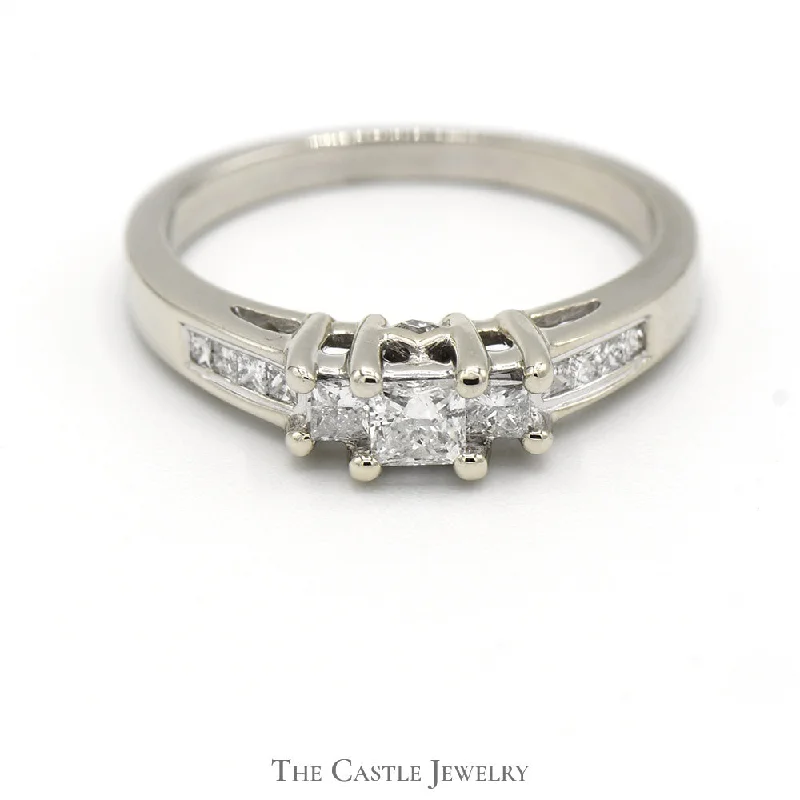 Elegant Custom Ring-3 Stone Princess Cut Diamond Engagement Ring with Channel Set Diamond Accents in 14k White Gold