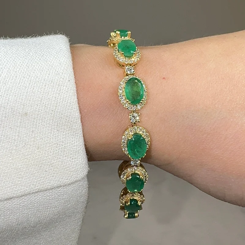 Rose Gold Bracelet with Gemstones-Oval Shape 9 Carat Emerald Center Featuring Diamond Halo Bracelet BRHAOCE