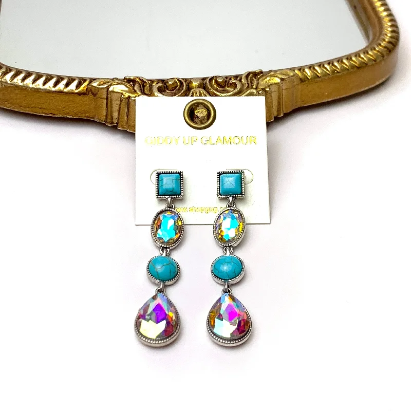 Classic Gold Stud Earrings-4 Tier Square Post Faux Turquoise and AB Crystal Dangle Earrings