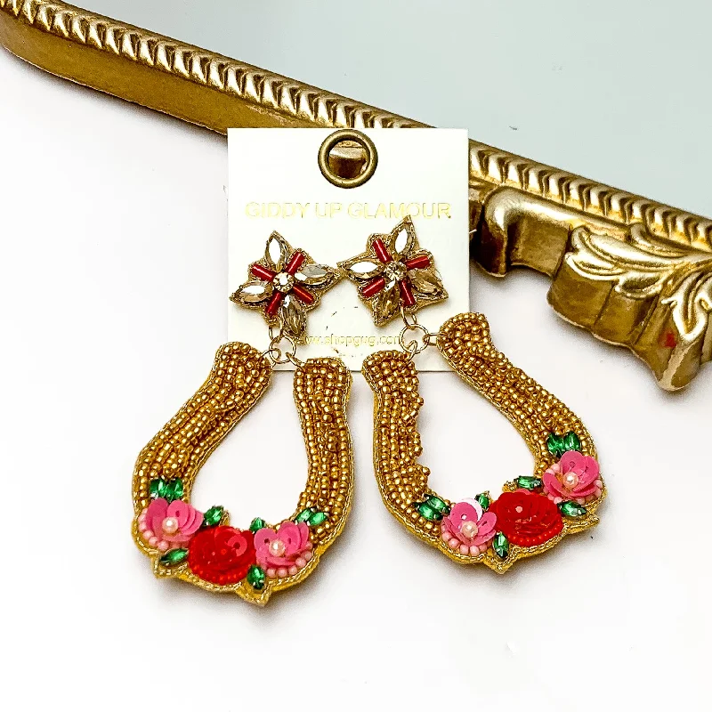 Cute Butterfly Earrings-Gold Tone Horseshoe Beaded Earrings With Pink Flower Detailing