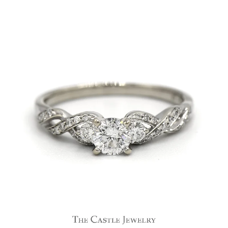 Diamond Ring with Gold Band-Three Stone Diamond Engagement Ring with Accented Twisted Sides in 14k White Gold