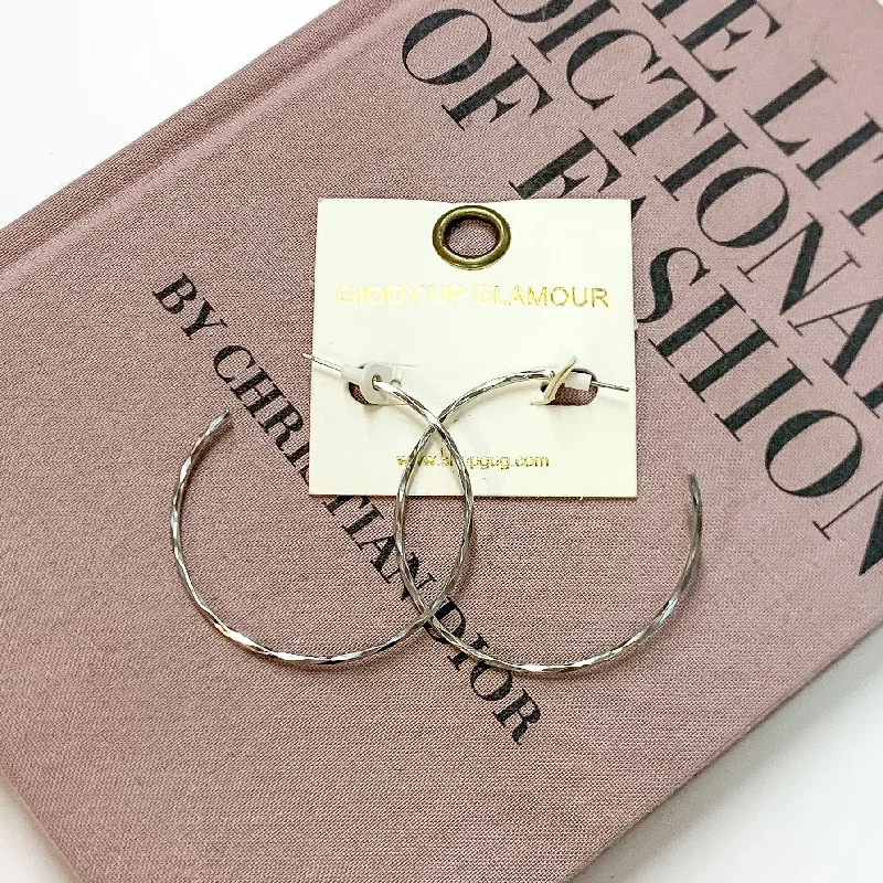 Handmade Silver Earrings-Thin Hammered Hoop Earrings in Silver Tone