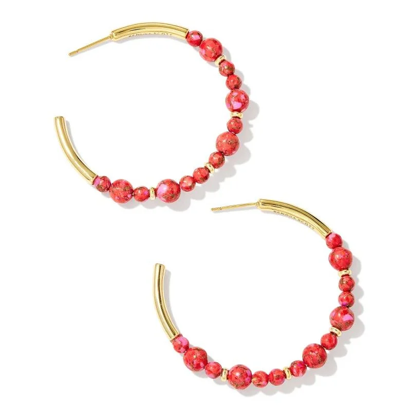 Large Drop Earrings for Weddings-Kendra Scott | Jovie Gold Beaded Hoop Earrings in Bronze Veined Red and Fuchsia Magnesite