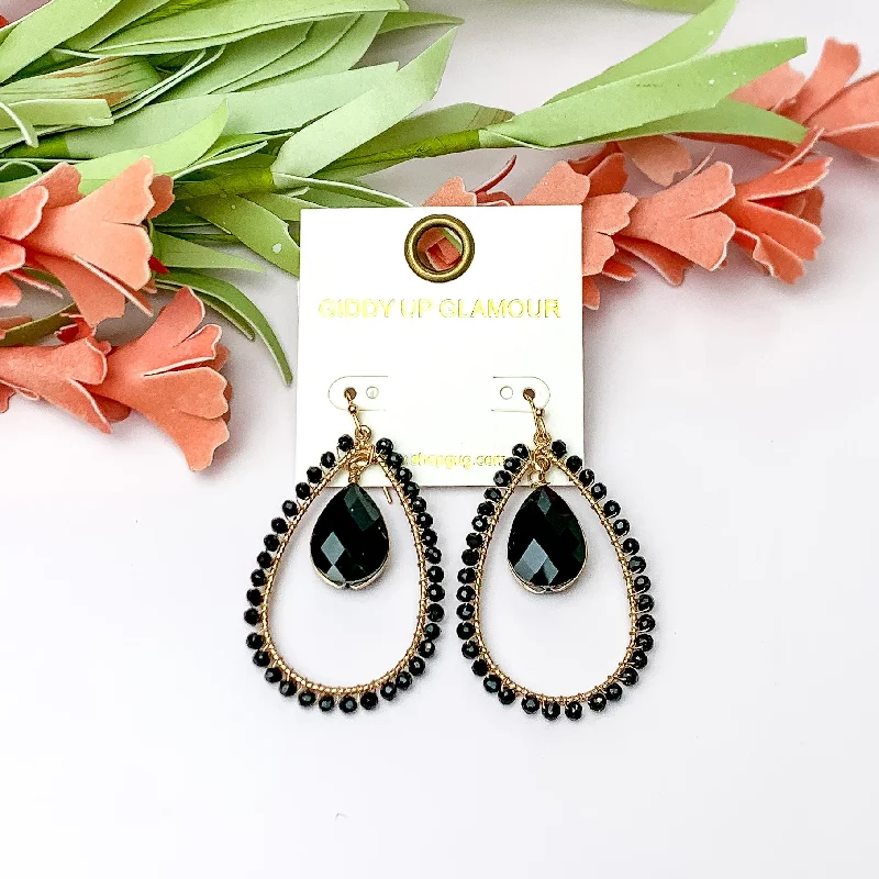 Small Dangle Earrings-Black Stone Inside Open Beaded Teardrop Earrings with Gold Tone Outline