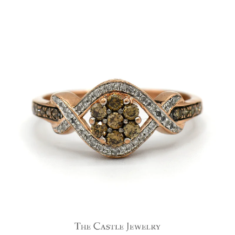 Platinum Wedding Band for Women-Cocoa Diamond Cluster Ring with White Diamond Accented Interweaving 10k Rose Gold Setting