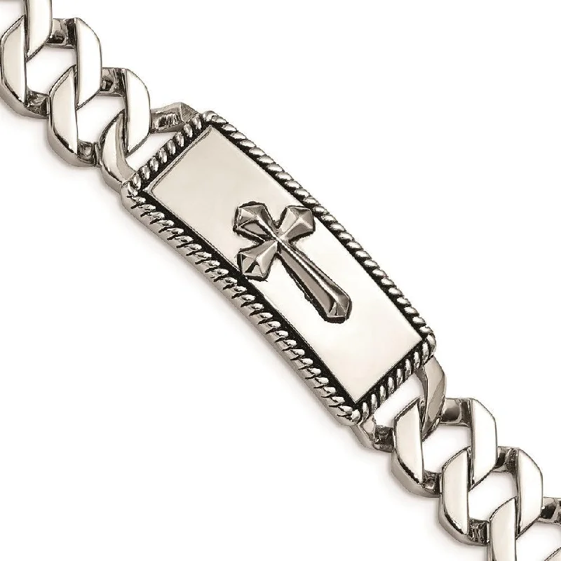 Women’s Custom Name Bracelet-Stainless Steel Polished and Antiqued Cross Bracelet