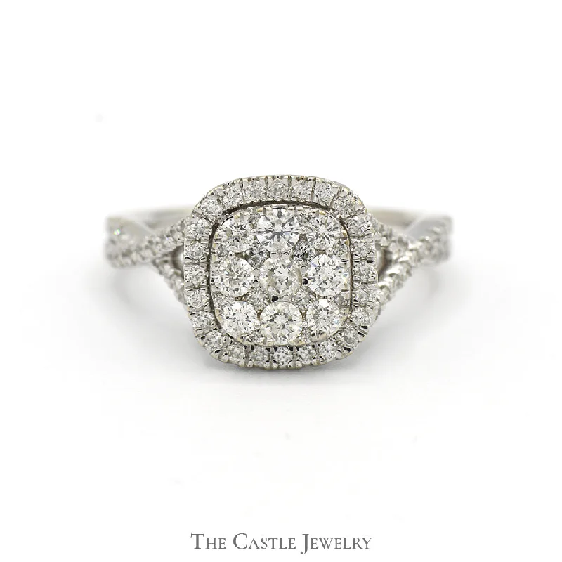 Personalized Diamond Ring-Square Shaped Diamond Cluster Ring with Diamond Halo and Accents in 14k White Gold