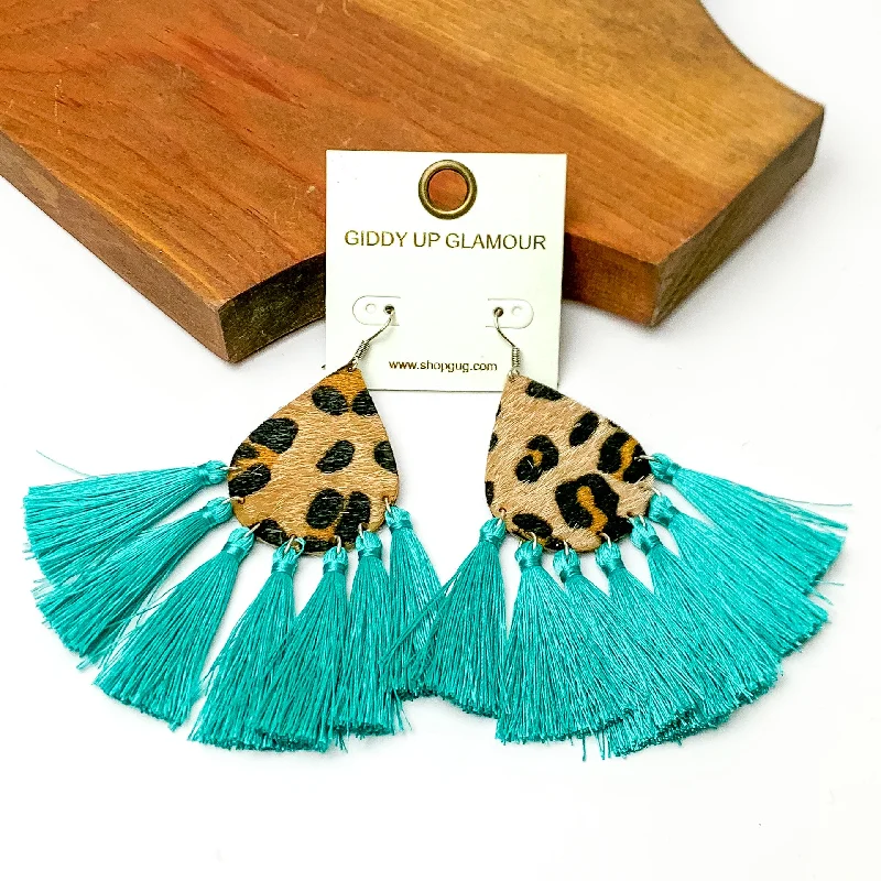 Personalized Name Earrings-Leopard Teardrop Earrings with Tassel Trim in Turquoise