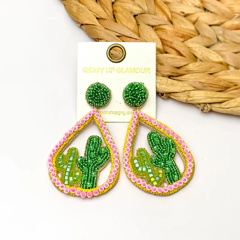 Stunning Crystal Earrings-Beaded Open Teardrop Earrings With Cactus Scene on the Inside in Light Pink