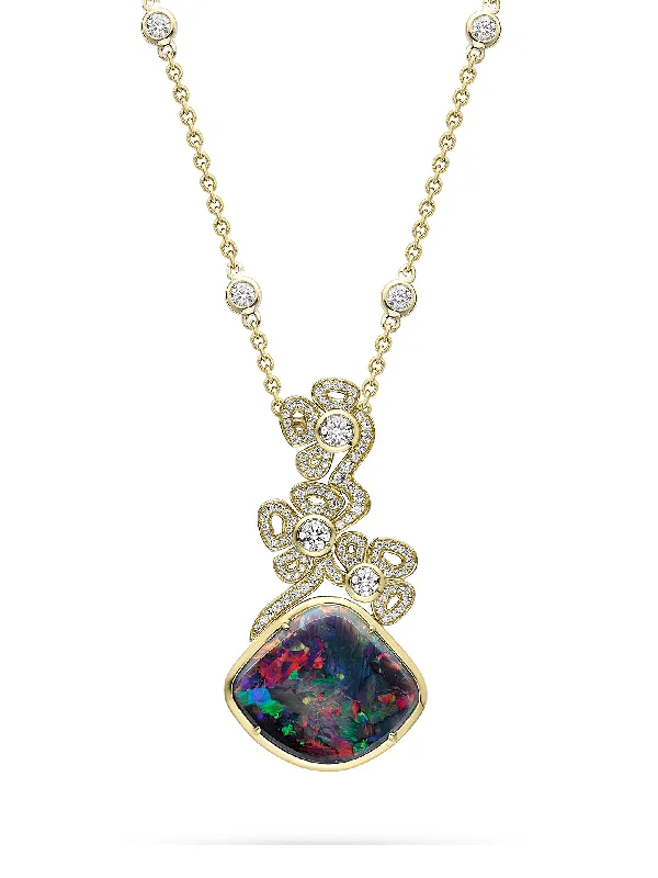 Silver Necklace with Birthstone-A Family Journey Barcelona Black Opal Yellow Gold Pendant