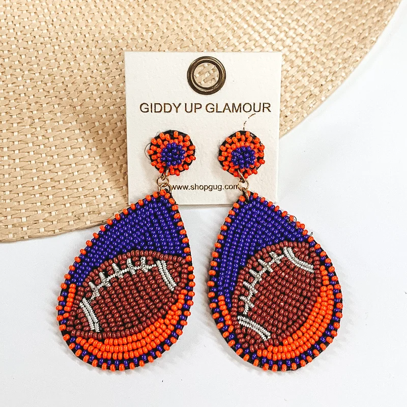 Simple Silver Drop Earrings-Game Day Ready Beaded Teardrop Earrings in Navy Blue and Orange