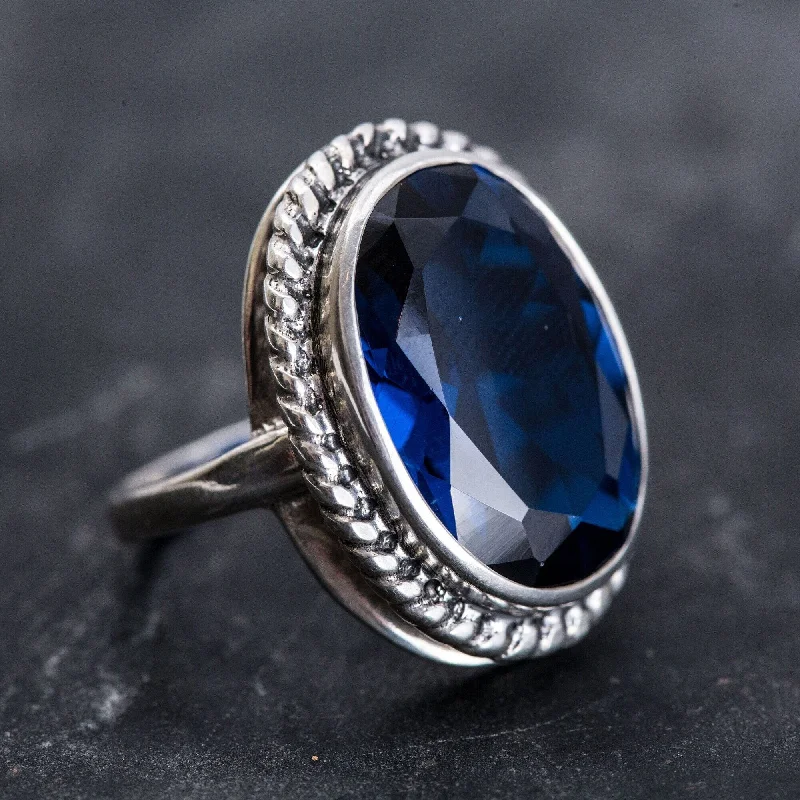 Custom Diamond Wedding Band-Large Sapphire Ring - Royal Blue Ring - Vintage Cocktail Ring