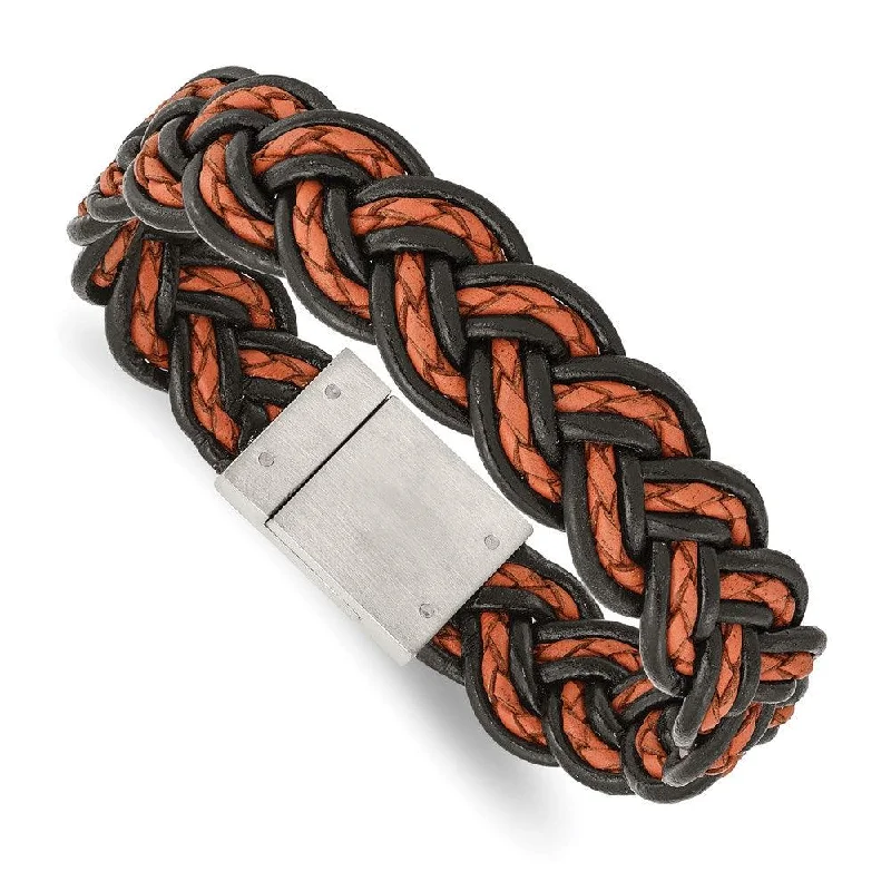 Diamond Bracelet for Women-Stainless Steel Brushed Black and Orange Woven Leather Bracelet