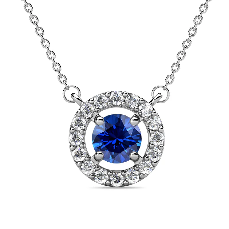 Unique Gold Necklace-Royal 18k White Gold Plated September Birthstone Halo Necklace with Round Cut Sapphire Swarovski Crystals