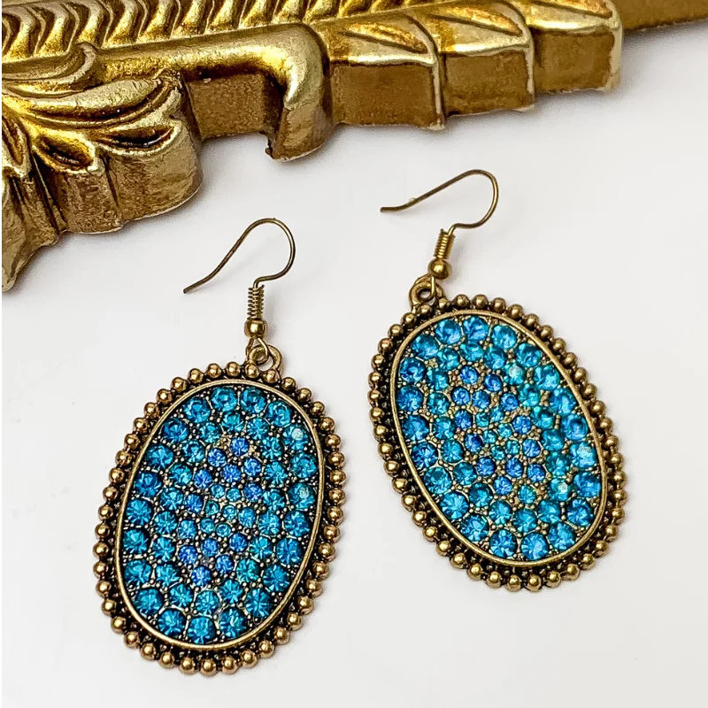 Wedding Earrings with Ruby-Oval Jeweled Earrings with Gold Tone Border in Blue