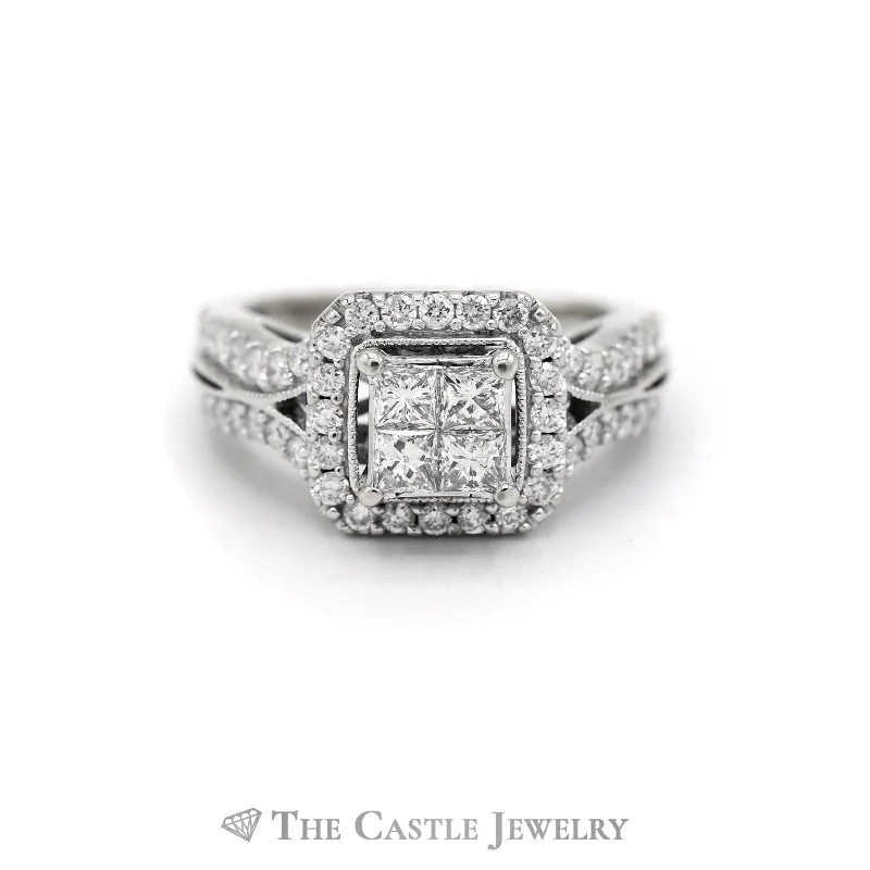 Unique Gold Ring-1CTTW Invis Set Bridal Ring with Round Diamond Center & Square Diamond Halo in 14KT White Gold