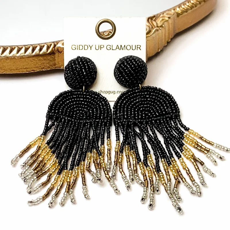 Silver Earrings with Diamonds-Semi Circle Drop Beaded Earrings with Tassels in Black