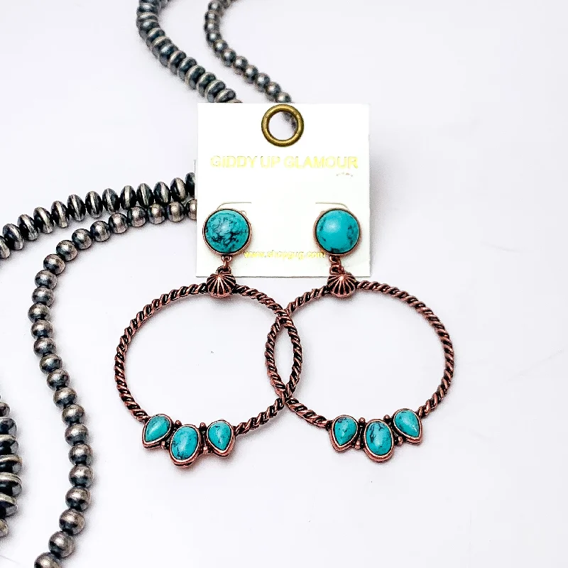 Pearl and Diamond Earrings-Western Moment Copper Tone Hoop Earrings With Stones in Turquoise Blue