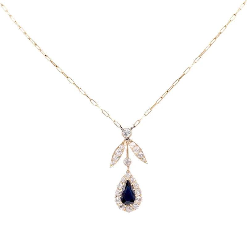 Custom Diamond Necklace-Edwardian Sapphire Diamond 18K Yellow Gold Cluster Necklace