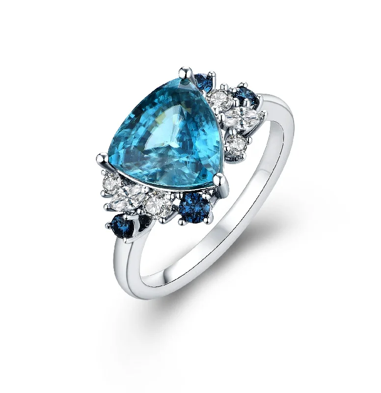 Gold Ring with Rubies-Trillion Natural Blue Zircon Ring