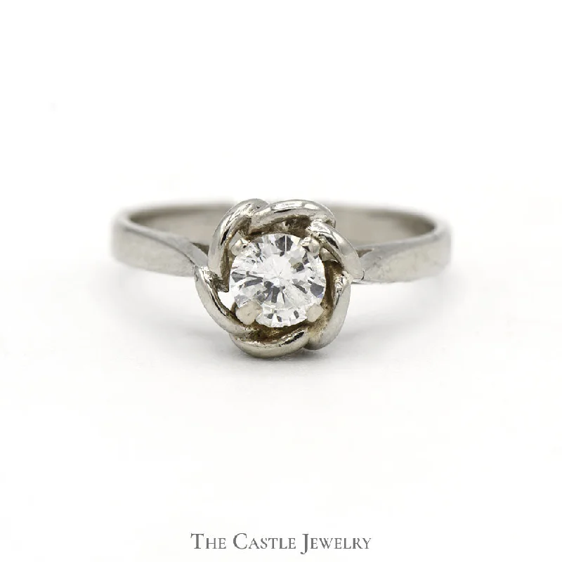 Birthstone Ring for Women-1/3ct Round Diamond Solitaire Engagement Ring with Flower Designed Bezel in 14k White Gold