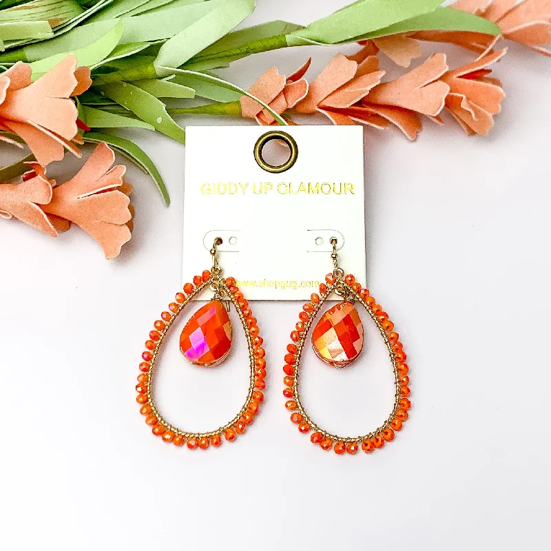 Elegant Gemstone Drop Earrings-Orange Stone Inside Open Beaded Teardrop Earrings with Gold Tone Outline