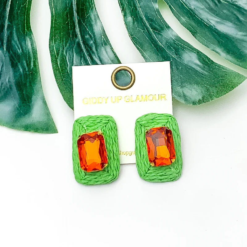 Gold Plated Earrings-Truly Tropical Raffia Rectangle Earrings in Green With Orange Crystal