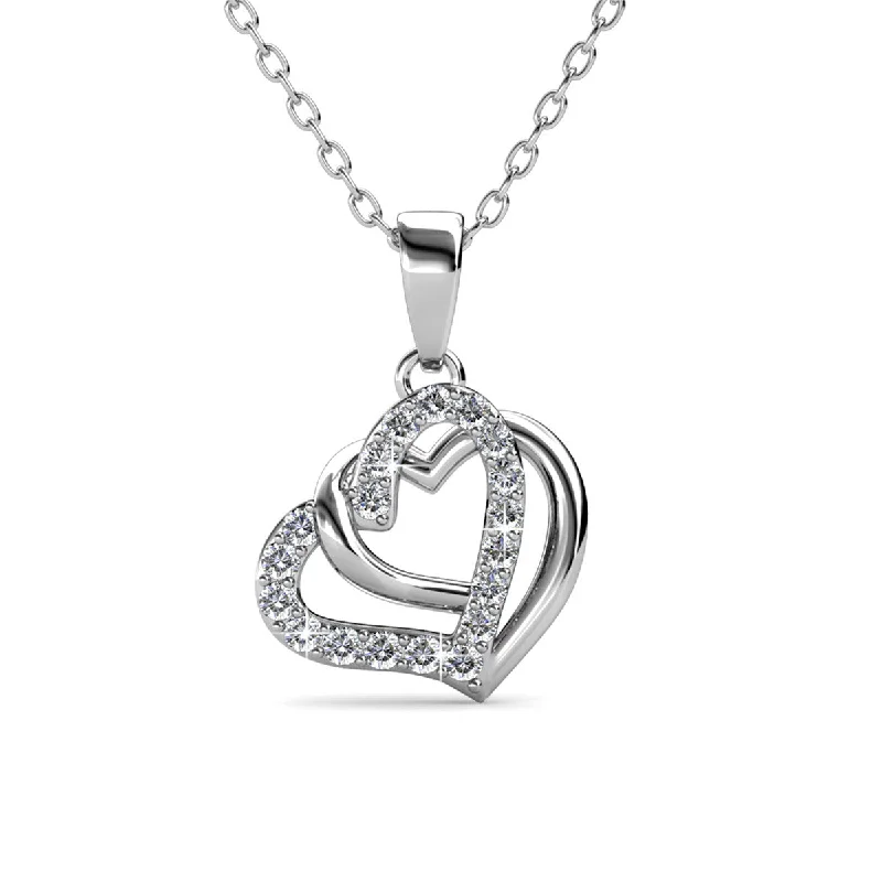 Designer Necklace for Women-Angela 18k White Gold Plated Silver Double Heart Necklace with Swarovski Crystals