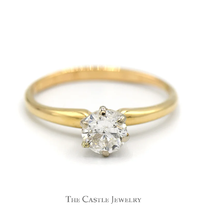 Designer Diamond Wedding Ring-1/2ct Round Diamond Solitaire Engagement Ring in 14k Yellow Gold 6 Prong Mounting