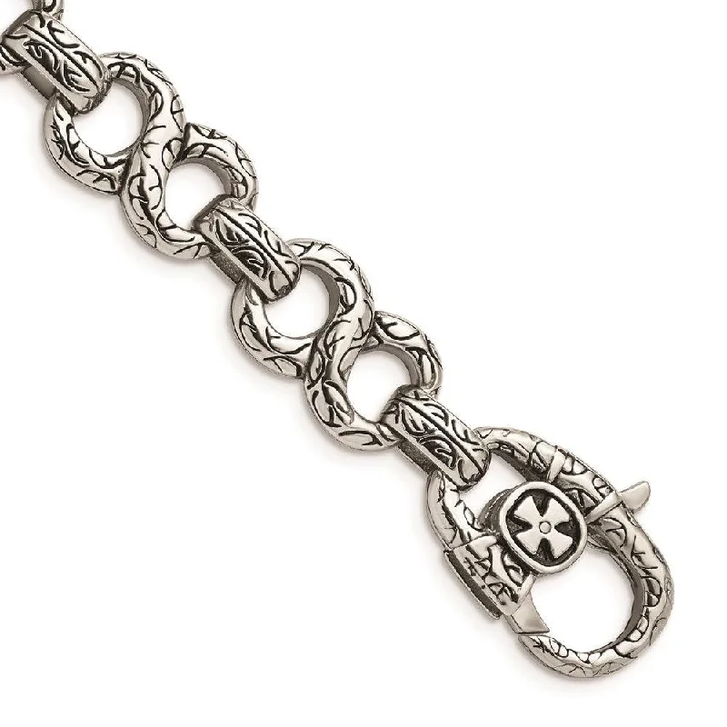 Women’s Wedding Bracelet with Diamonds-Stainless Steel Polished & Antiqued 8.5in Bracelet