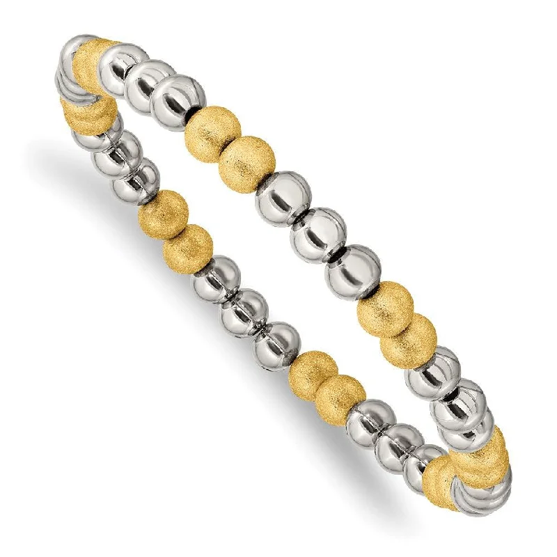 Handmade Charm Bracelet for Women-Stainless Steel Polished Yellow IP Sand Blasted Beaded Stretch Bracelet