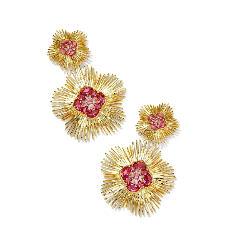 Large Stud Earrings-Kendra Scott | Dira Gold Crystal Statement Earrings in Pink Mix