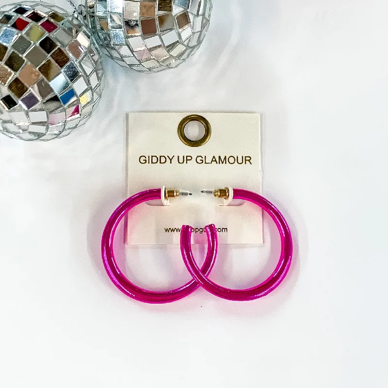 Silver Dangle Earrings-Light up Medium Neon Hoop Earrings in Hot Pink