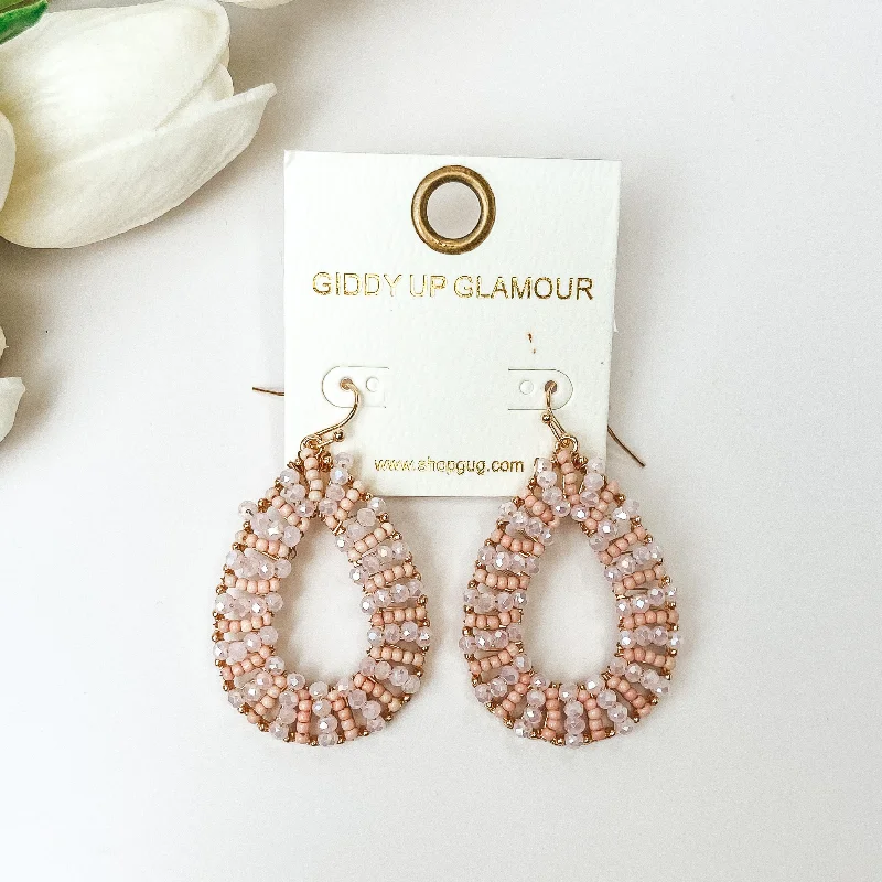 Luxury Wedding Earrings-Gold Tone Teardrop Earrings with Light Pink Beaded Outline