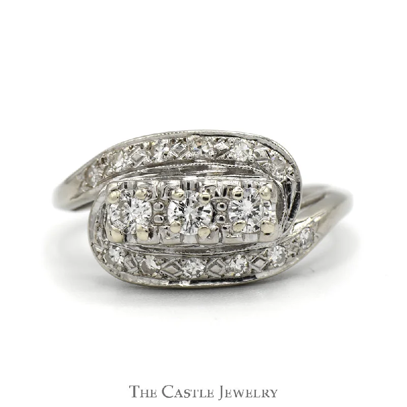 Custom Wedding Band with Diamonds-Antique Style 1/2cttw Three Stone Diamond Ring with Diamond Accents in 14k White Gold Bypass Design