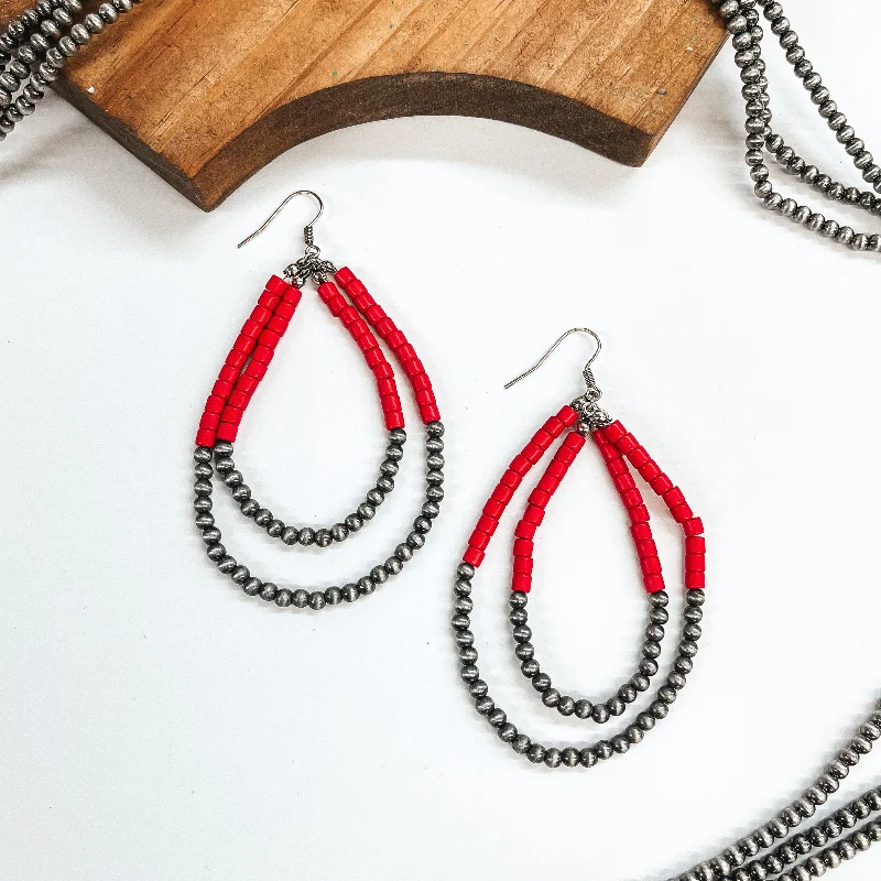 Vintage Dangle Earrings-Singing Along Layered Faux Navajo Beaded Teardrop Earrings in Red and Silver Tone