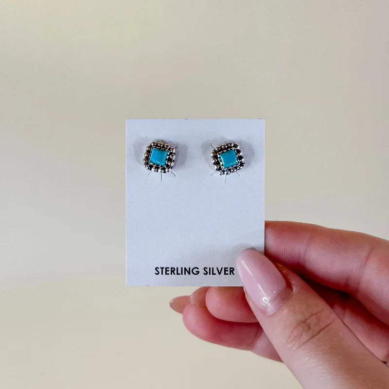 Large Dangle Earrings-Hada Collection | Handmade Sterling Silver Square Kingman Turquoise Stud Earrings