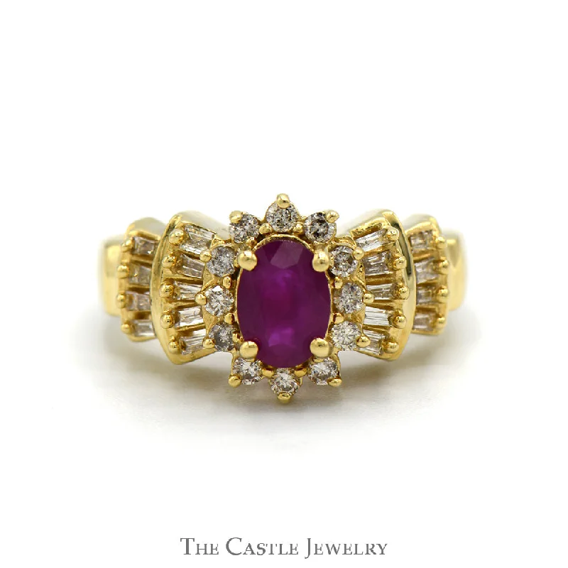 Vintage Gold Ring-Oval Ruby Ring with Diamond Halo and Baguette Cut Accented Sides in 14k Yellow Gold