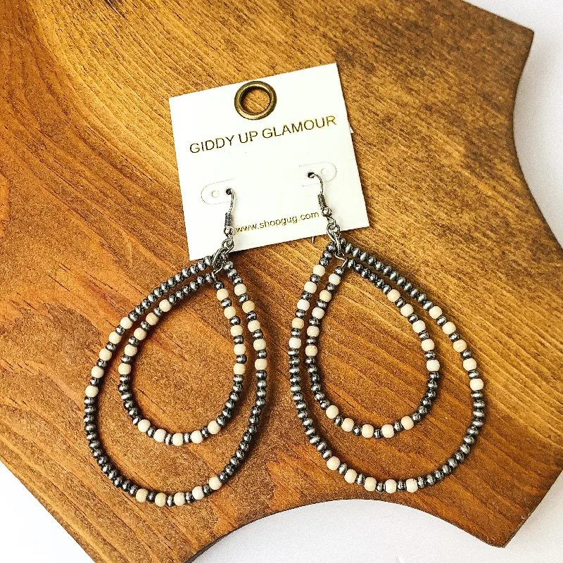 Statement Earrings for Evening-Beaded Open Double Drop Earrings in Silver Tone and Ivory