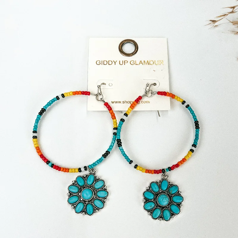 Statement Earrings for Weddings-Multicolored Seed Beaded Circle drop Earrings with Turquoise Cluster Pendant